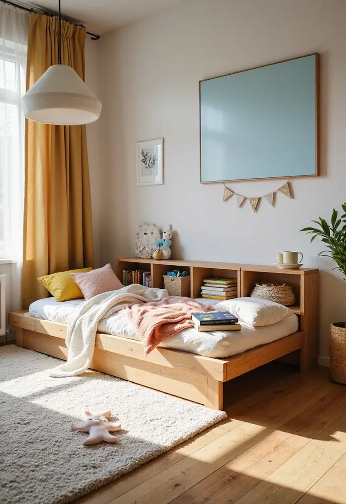 25 Floor Bed Ideas for Kids That Encourage Independence - 24. Floor Bed with Built-In Bookshelf