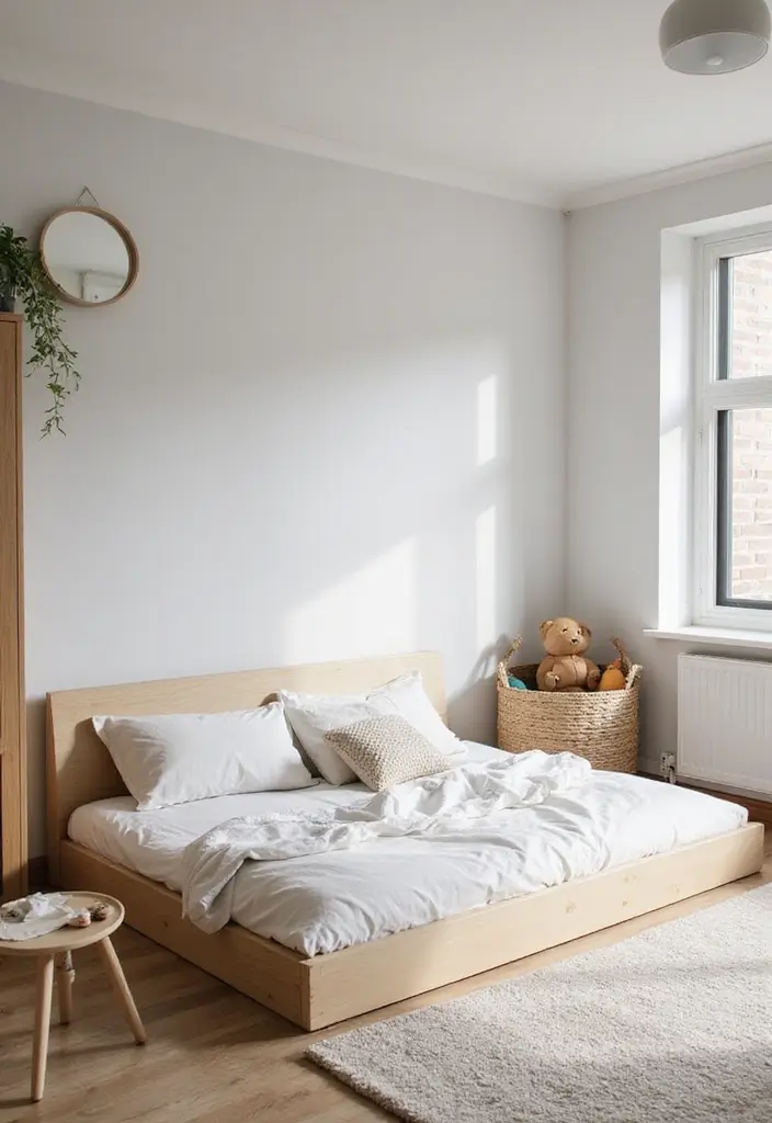 25 Floor Bed Ideas for Kids That Encourage Independence - 25. Minimalist Floor Bed with Play Space