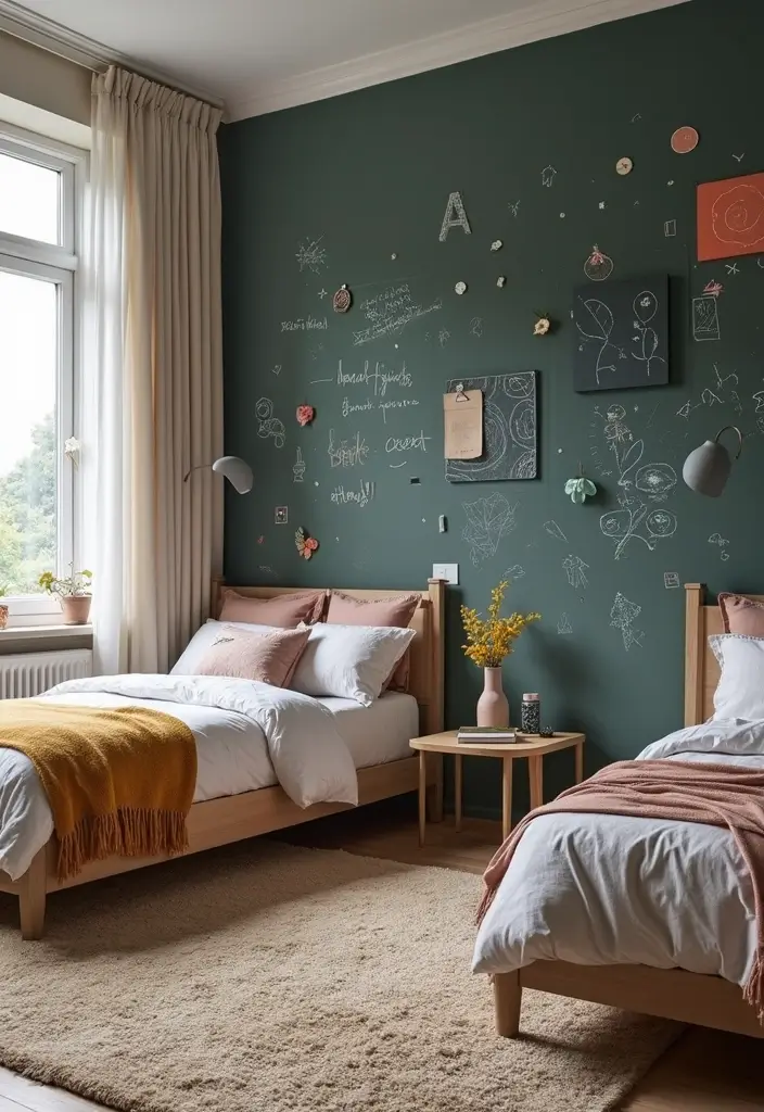 25 Kids Shared Bedroom Ideas for Boy and Girl That Work Perfectly 22. Interactive Wall Dcor