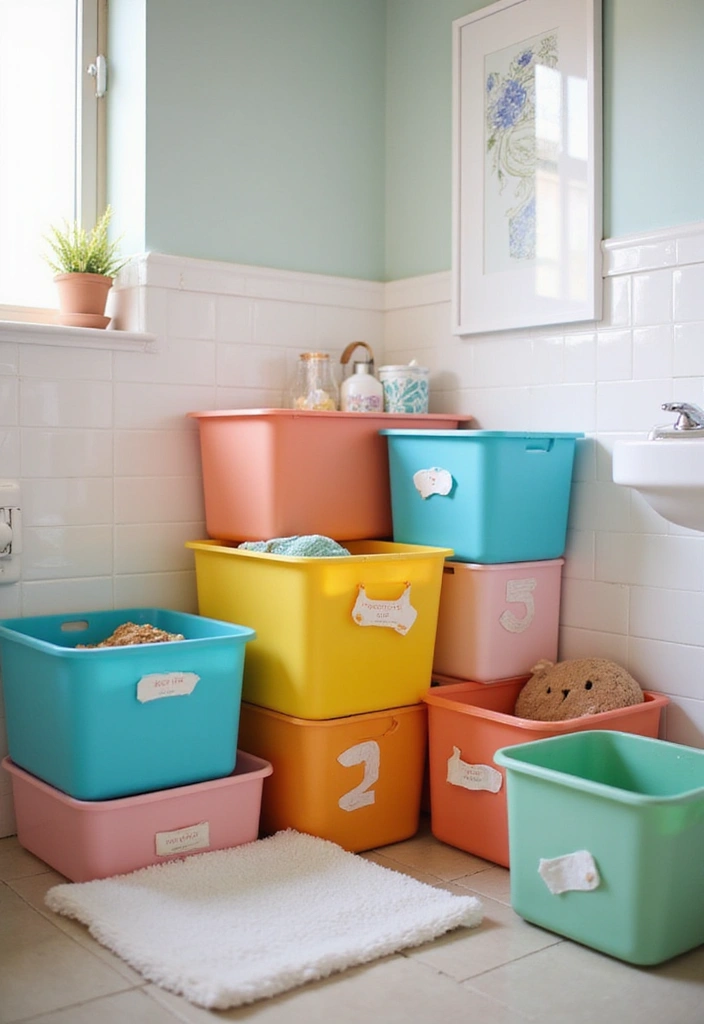 25 Kids and Guest Bathroom Ideas That Balance Practicality - 1. Colorful Storage Bins
