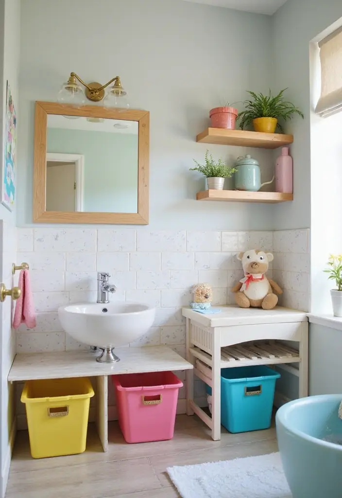 27 Colorful Kids Bathroom Designs That Brighten the Space - 23. Clever Storage Solutions