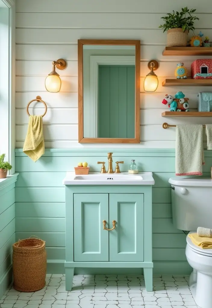 27 Farmhouse Kids Bathroom Designs That Feel Rustic and Fresh 1. Vintage Charm with Shiplap Walls