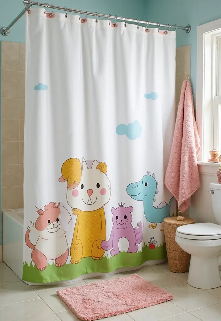 27 Farmhouse Kids Bathroom Designs That Feel Rustic and Fresh 11. Sweet Shower Curtains