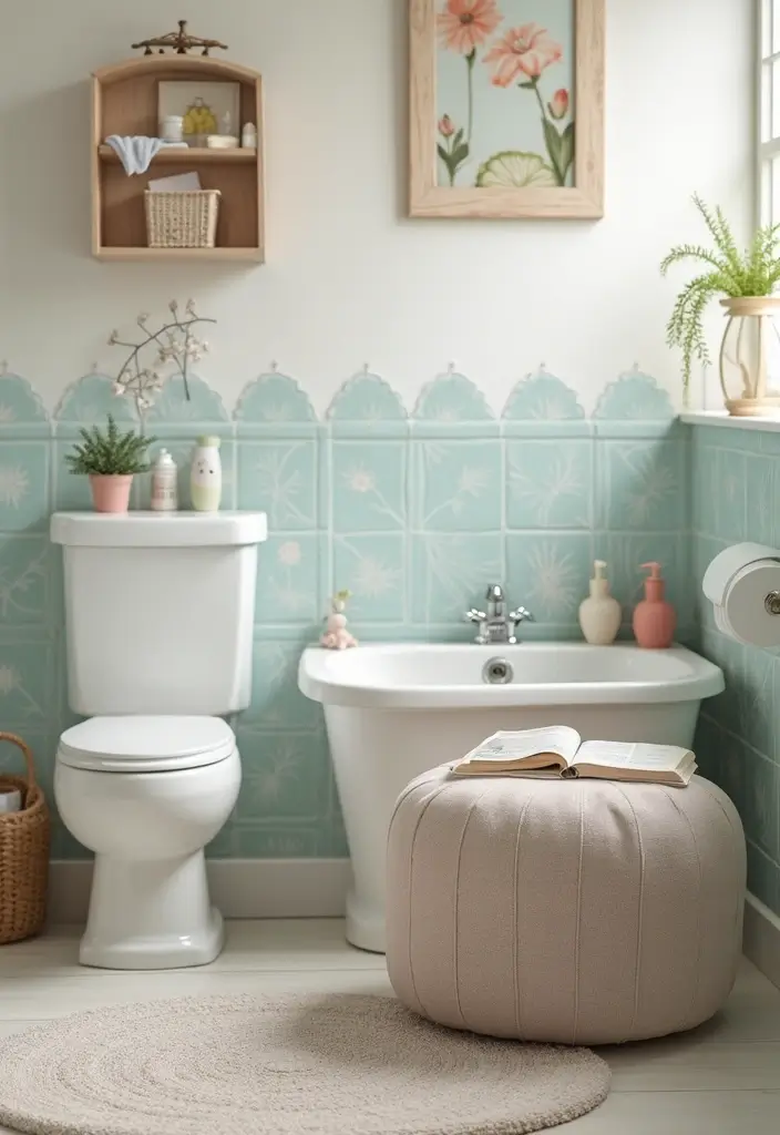 27 Farmhouse Kids Bathroom Designs That Feel Rustic and Fresh 14. Cozy Ottoman or Stool