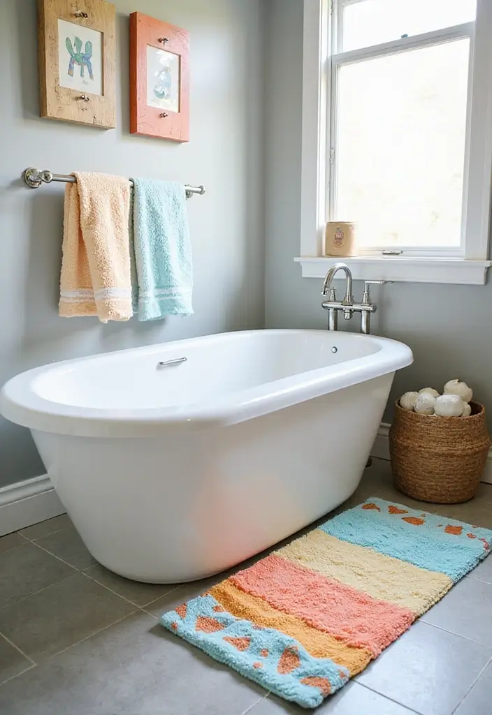27 Farmhouse Kids Bathroom Designs That Feel Rustic and Fresh 8. Bright Bath Mats