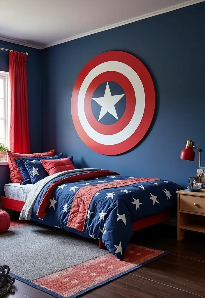 27 Marvel Kids Bedroom Designs Every Young Superhero Will Love - 1. Captain America Shield Accent Wall