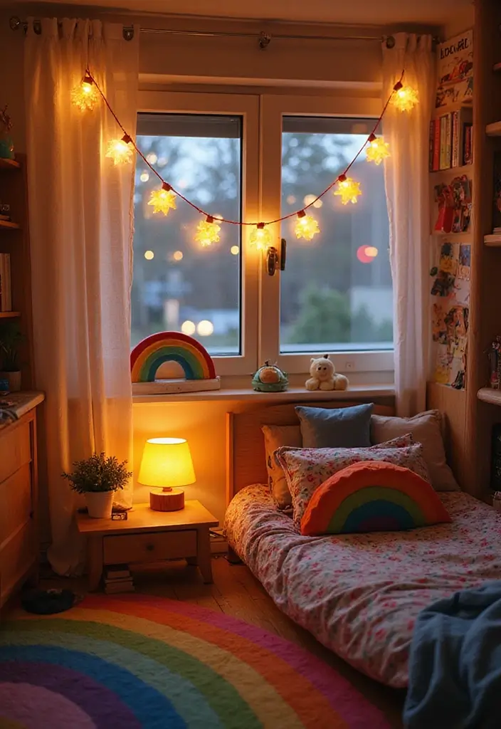 27 Rainbow Room Ideas for Kids That Spark Joy Instantly - 9. Rainbow-Themed Lighting: Illuminate Joy