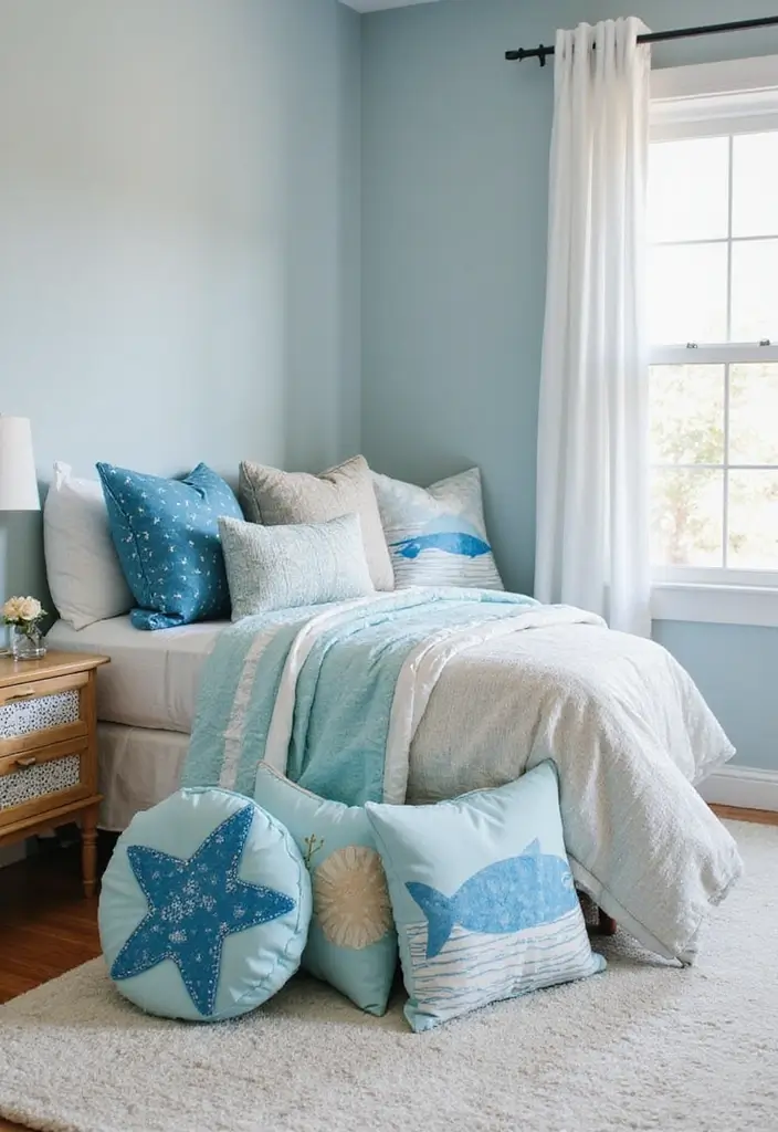 28 Coastal Kids Bedroom Inspirations Full of Breezy Charm - 21. Ocean-Inspired Throw Pillows
