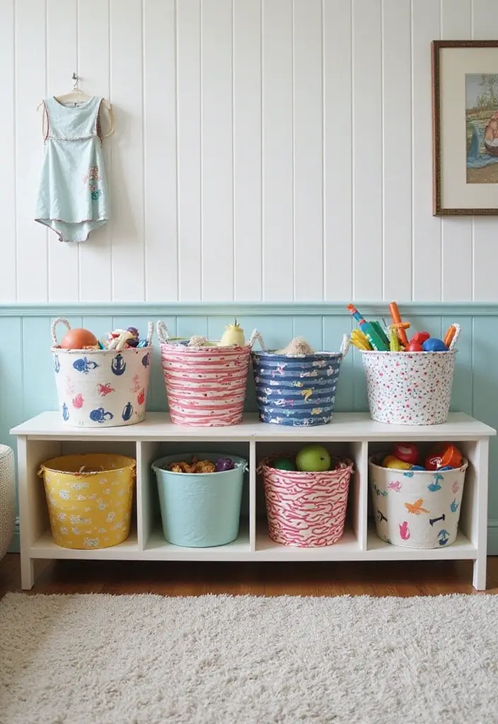 28 Coastal Kids Bedroom Inspirations Full of Breezy Charm - 25. Colorful Toy Storage