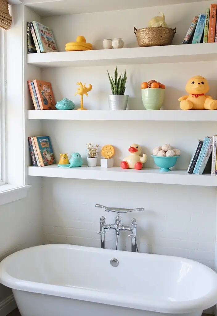 28 Kids Jack and Jill Bathroom Ideas That Are Functional and Fun - 24. Floating Shelves for Display