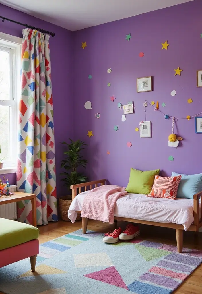 28 Purple Bedroom Ideas for Kids That Look Magical 10. Playful Geometric Patterns