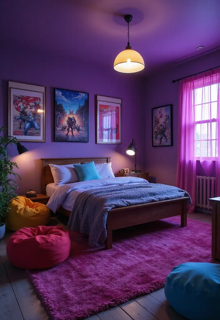 28 Purple Bedroom Ideas for Kids That Look Magical 16. Retro Gamer Paradise