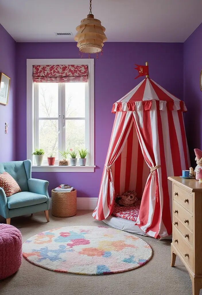 28 Purple Bedroom Ideas for Kids That Look Magical 18. Whimsical Circus Theme