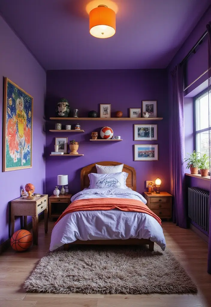 28 Purple Bedroom Ideas for Kids That Look Magical 24. Sports Fan Zone