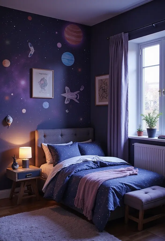 28 Purple Bedroom Ideas for Kids That Look Magical 26. Space Explorer