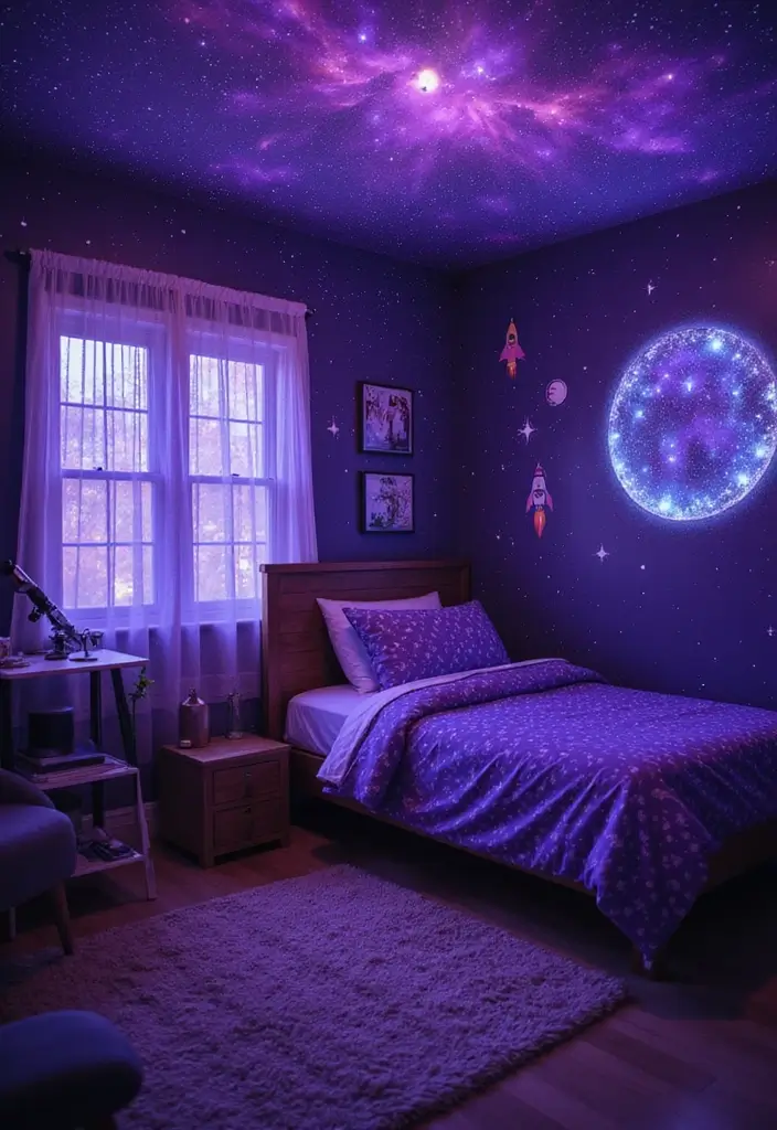 28 Purple Bedroom Ideas for Kids That Look Magical 3. Cosmic Adventure