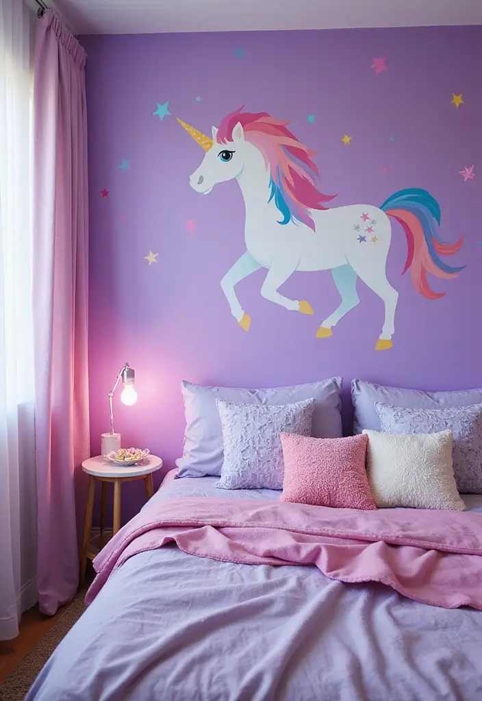 28 Purple Bedroom Ideas for Kids That Look Magical 5. Whimsical Unicorn Retreat