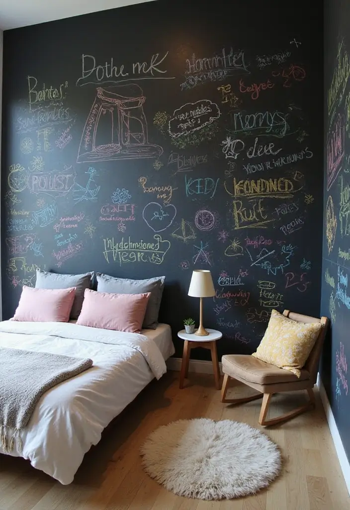 28 Simple Girl Bedroom Designs for Kids That Are Budget-Friendly - 13. Interactive Chalkboard Wall
