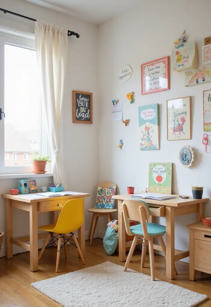 29 Divided Bedroom Ideas for Kids That Still Look United - 13. Playful Study Nooks