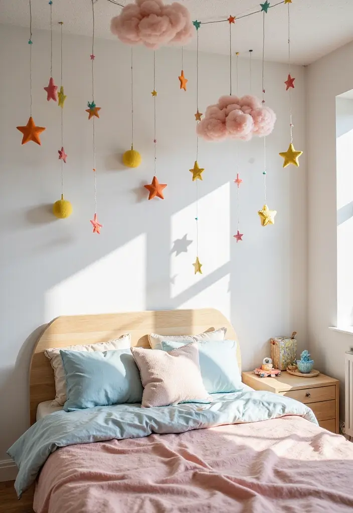 29 Divided Bedroom Ideas for Kids That Still Look United - 18. Colorful Ceiling Décor