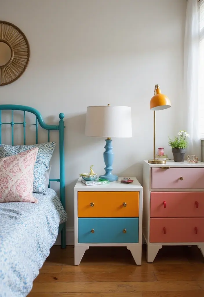 29 Divided Bedroom Ideas for Kids That Still Look United - 27. Colorful Nightstands