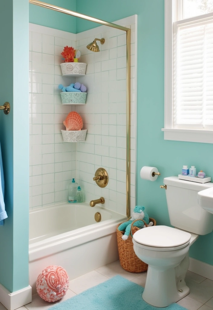 29 Kids Beach Bathroom Inspirations Full of Coastal Vibes 11 29 Kids Beach Bathroom Inspirations Full of Coastal Vibes 11. Seashell Shower Caddies