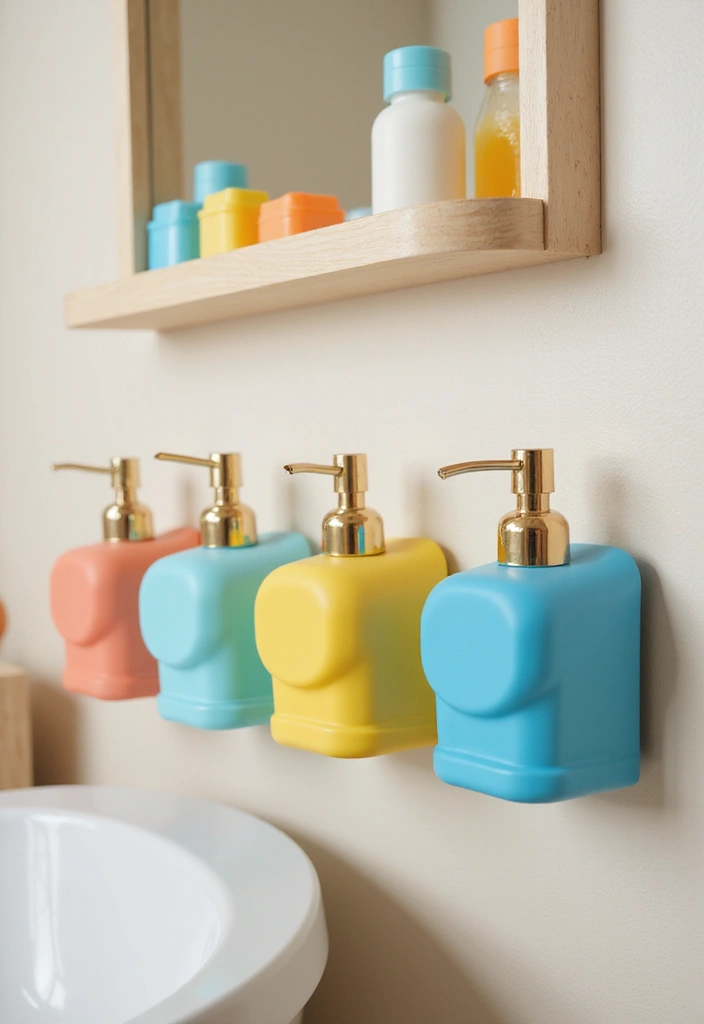 29 Shared Kids Bathroom Ideas for Boys and Girls That Actually Work - 14. Wall-Mounted Soap Dispensers