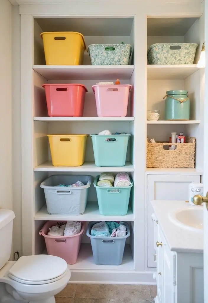 29 Shared Kids Bathroom Ideas for Boys and Girls That Actually Work - 2. Colorful Storage Bins