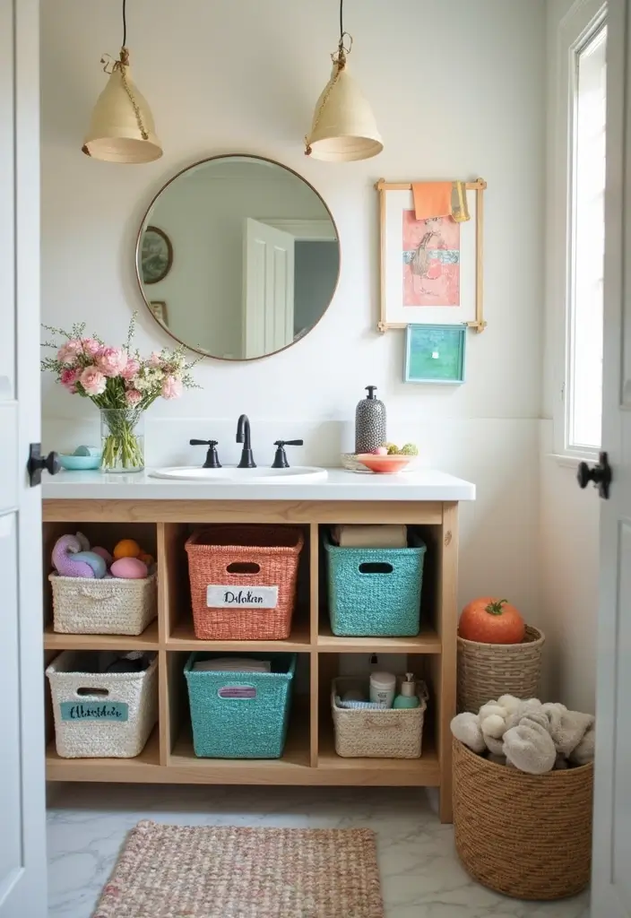 29 Shared Kids Bathroom Ideas for Boys and Girls That Actually Work - 6. Personalized Storage Solutions