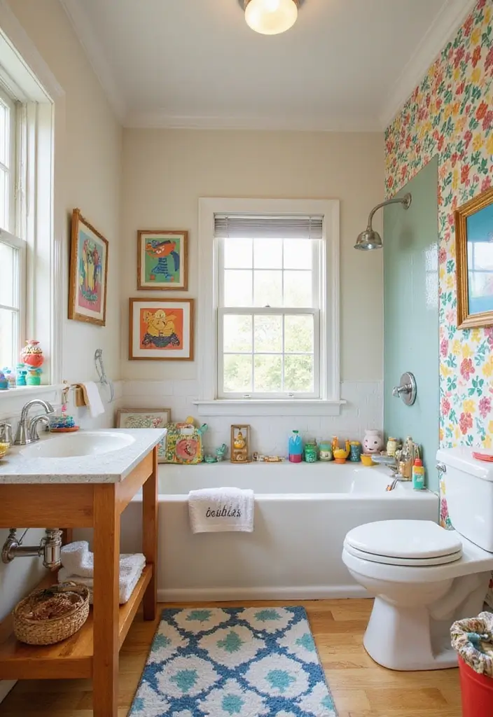 29 Unisex Kids Bathroom Ideas That Look Smart and Stylish - 10. Playful Wall Art