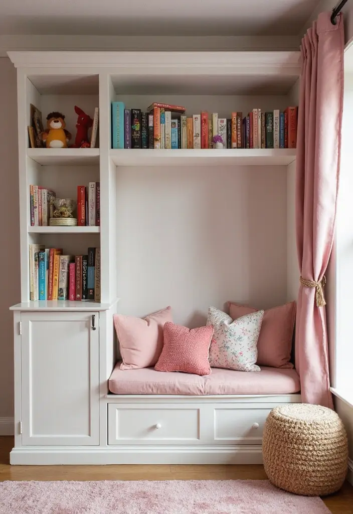 30 Girl Bedroom Designs for Kids That Balance Cute and Practical - 15. Cozy Book Nook