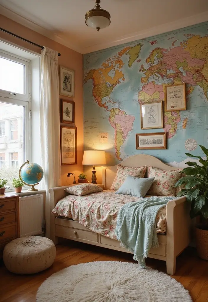 30 Girl Bedroom Designs for Kids That Balance Cute and Practical - 26. Vintage Travel Theme