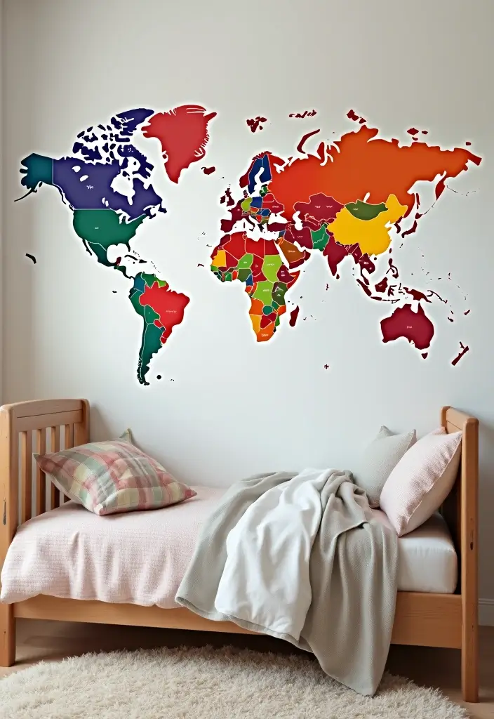 30 Girl Bedroom Designs for Kids That Balance Cute and Practical - 27. Colorful World Map