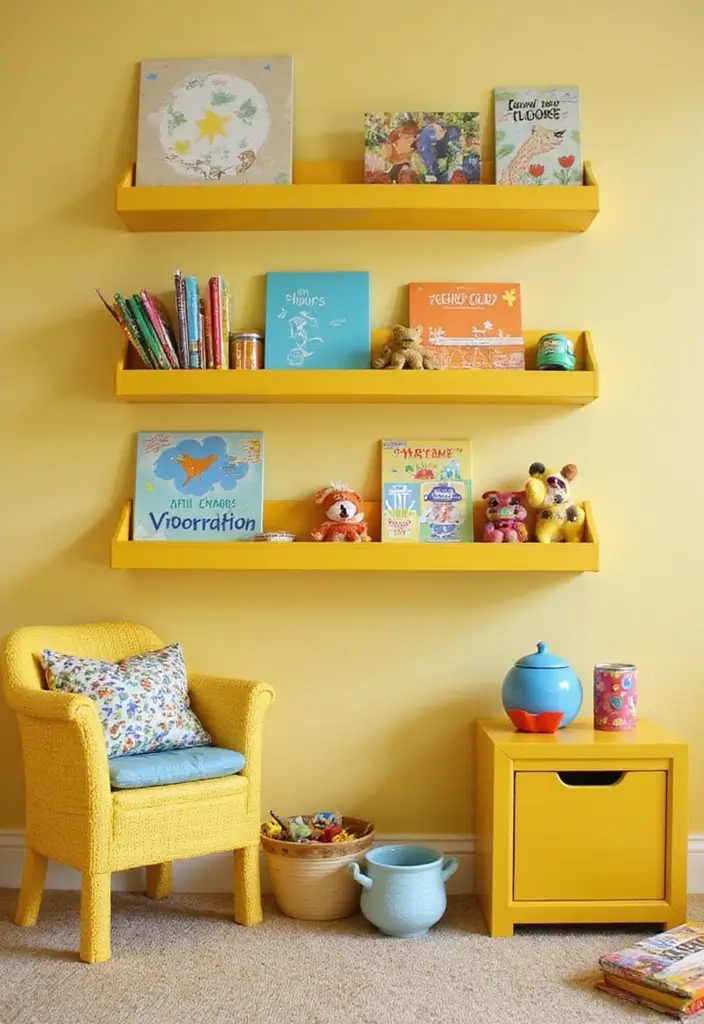 30 Yellow Kids Bedroom Ideas That Bring Energy and Warmth 22 30 Yellow Kids Bedroom Ideas That Bring Energy and Warmth 22. Yellow Themed Wall Shelves