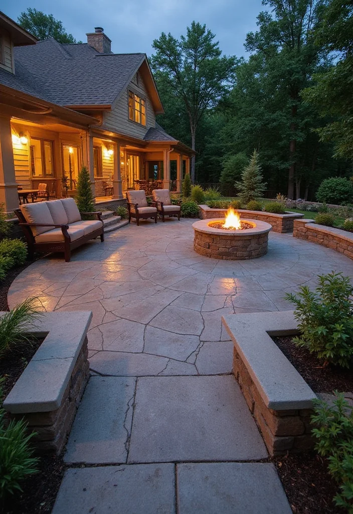 12 Backyard Stamped Concrete Patio Ideas for Durable Modern Style 34 12 Backyard Stamped Concrete Patio Ideas for Durable Modern Style 4. Integrated Fire Pits