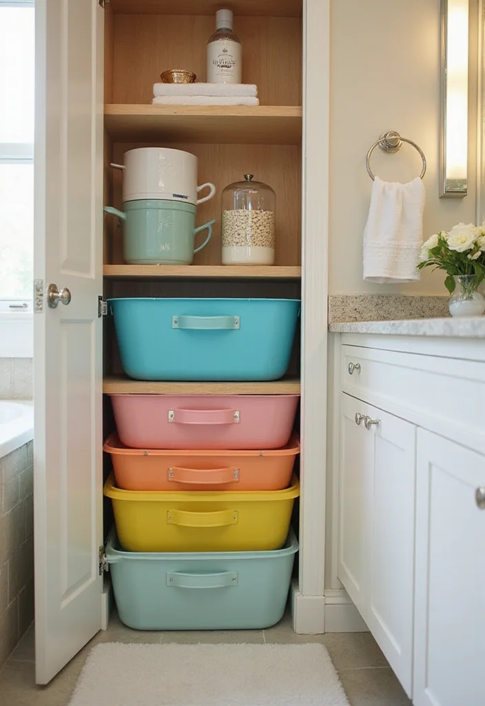 12 Bathroom Cabinet Ideas for Practical Organized Everyday Use 67 12 Bathroom Cabinet Ideas for Practical Organized Everyday Use 7. Colorful Storage Bins