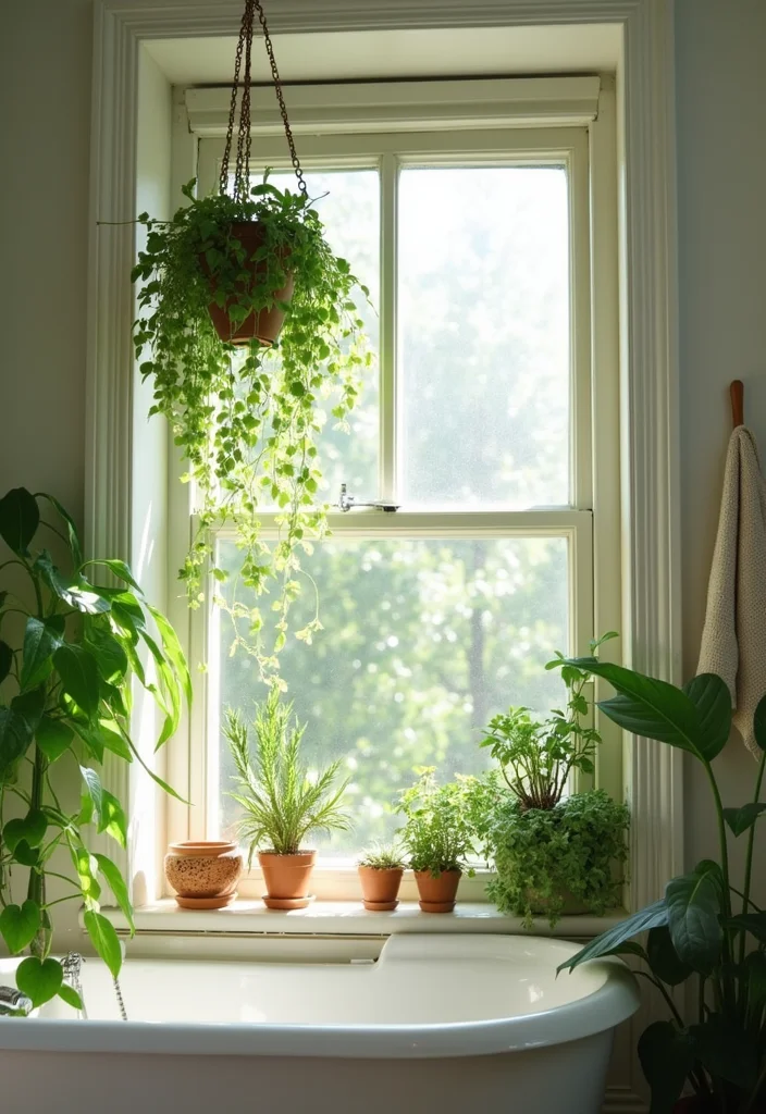 12 Bathroom Window Ideas for Light Privacy and Fresh Air 8. Hanging Plants in Windows