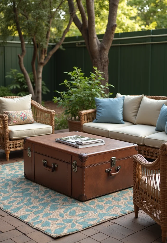 12 Cozy Backyard Lounge Ideas for Relaxed Outdoor Sitting 122 12 Cozy Backyard Lounge Ideas for Relaxed Outdoor Sitting 12. Vintage Suitcase Coffee Table