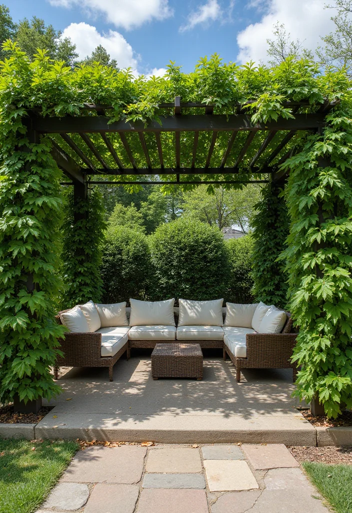 12 Cozy Backyard Lounge Ideas for Relaxed Outdoor Sitting 56 12 Cozy Backyard Lounge Ideas for Relaxed Outdoor Sitting 6. Greenery Covered Pergola