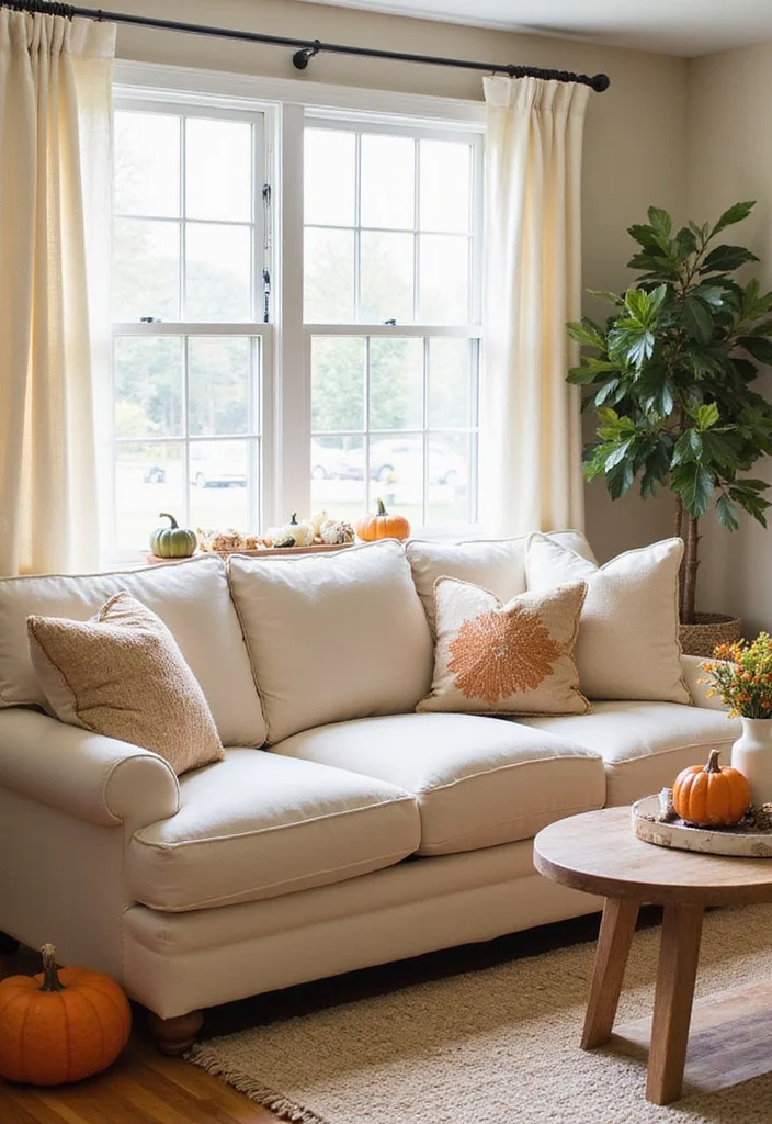 12 Cream Couch Living Room Ideas for Warm Cozy Inviting Style 11. Seasonal Decor Updates
