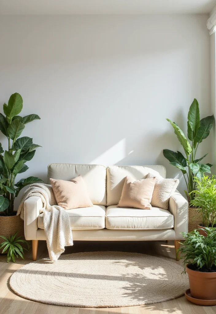 12 Cream Couch Living Room Ideas for Warm Cozy Inviting Style 5. Greenery Brings Life