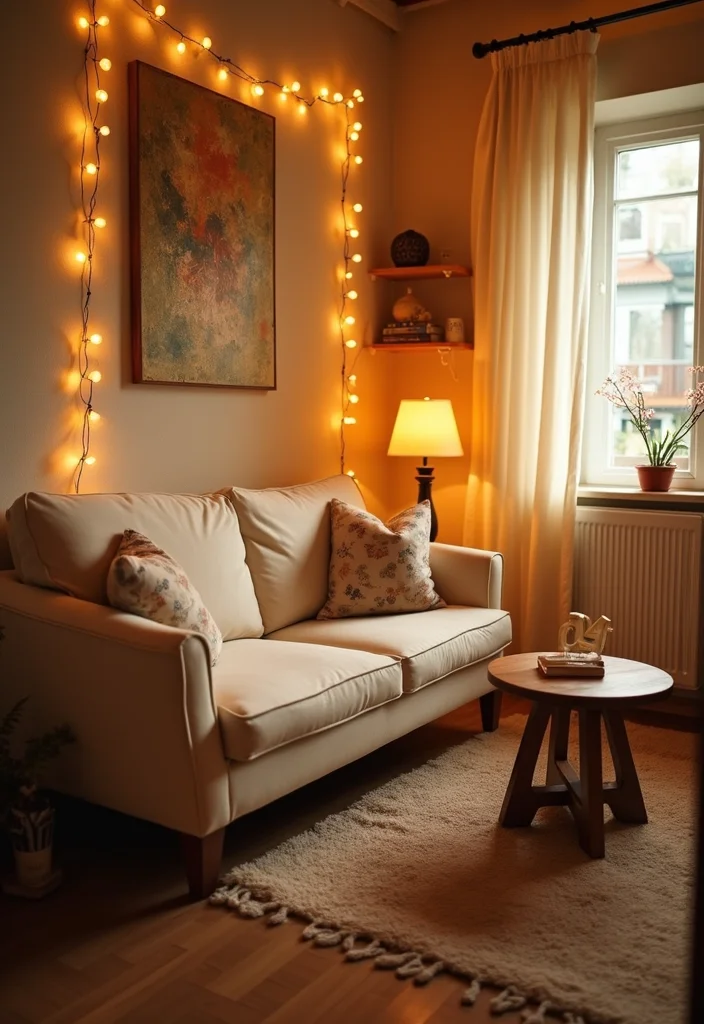 12 Cream Couch Living Room Ideas for Warm Cozy Inviting Style 8. Warm Lighting Options