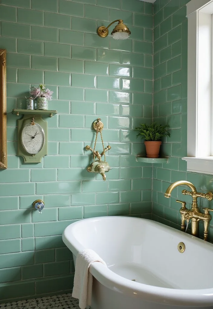12 Green Tile Bathroom Ideas for Fresh Natural Modern Vibes 10. Vintage Green Subway Tiles