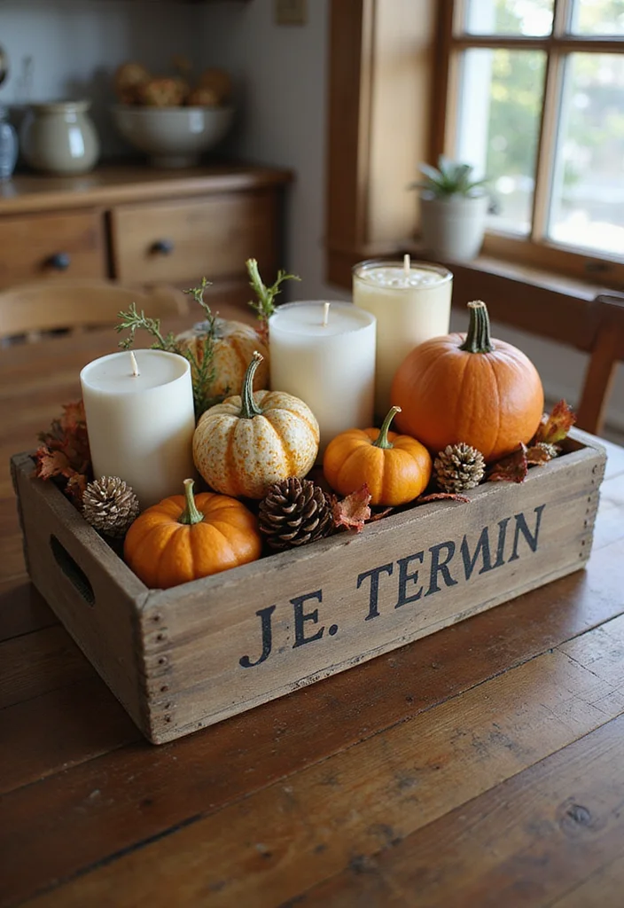 12 Kitchen Table Centerpiece Ideas for Simple Stylish Decor 2. Vintage Wooden Crate with Seasonal Decor