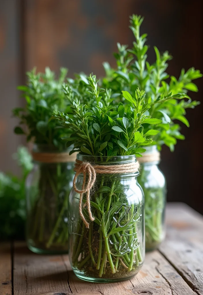 12 Kitchen Table Centerpiece Ideas for Simple Stylish Decor 5. Fresh Herb Bundles in Vintage Jars