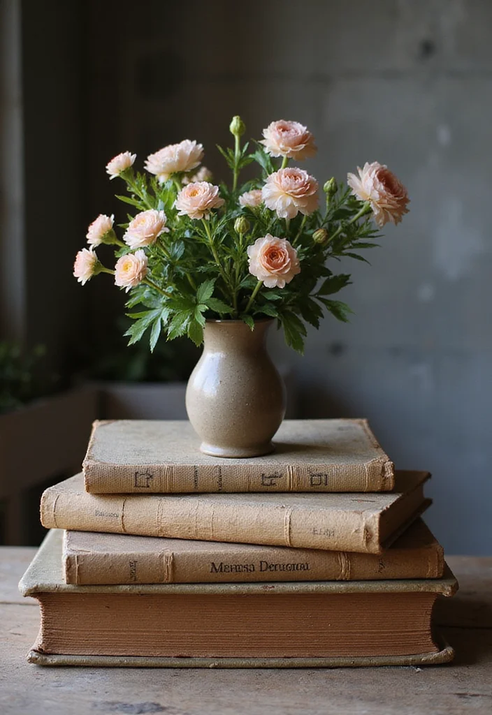 12 Kitchen Table Centerpiece Ideas for Simple Stylish Decor 6. Vintage Books with Floral Accents