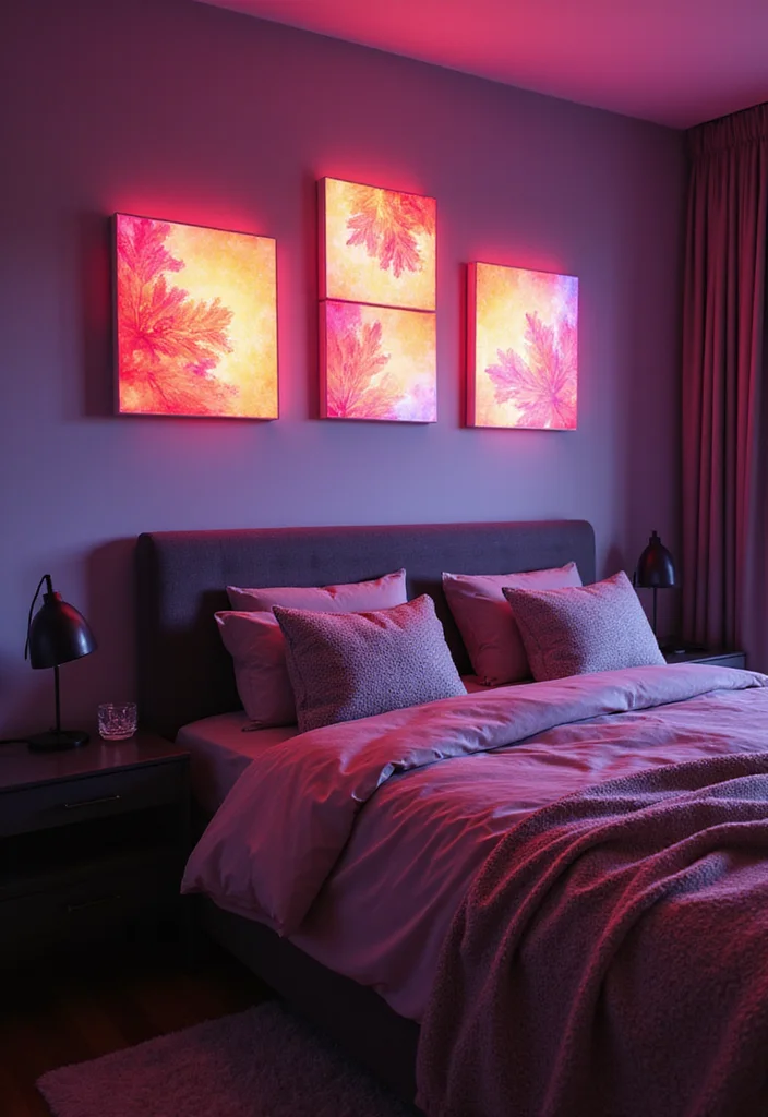 12 LED Lights Bedroom Ideas for a Modern Glowing Atmosphere 12 12 LED Lights Bedroom Ideas for a Modern Glowing Atmosphere 2. Wall Mounted LED Panels for Artistic Flair