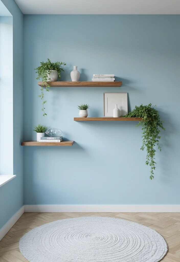 12 Light Blue Bedroom Ideas for Calm Soft Relaxing Style 11. Floating Shelves Functional Light Blue Decor