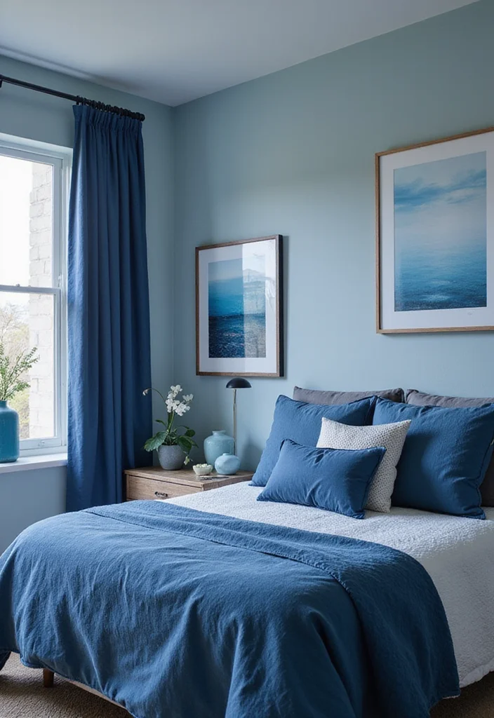12 Light Blue Bedroom Ideas for Calm Soft Relaxing Style 3. Ocean Inspired Deep Blue Accents