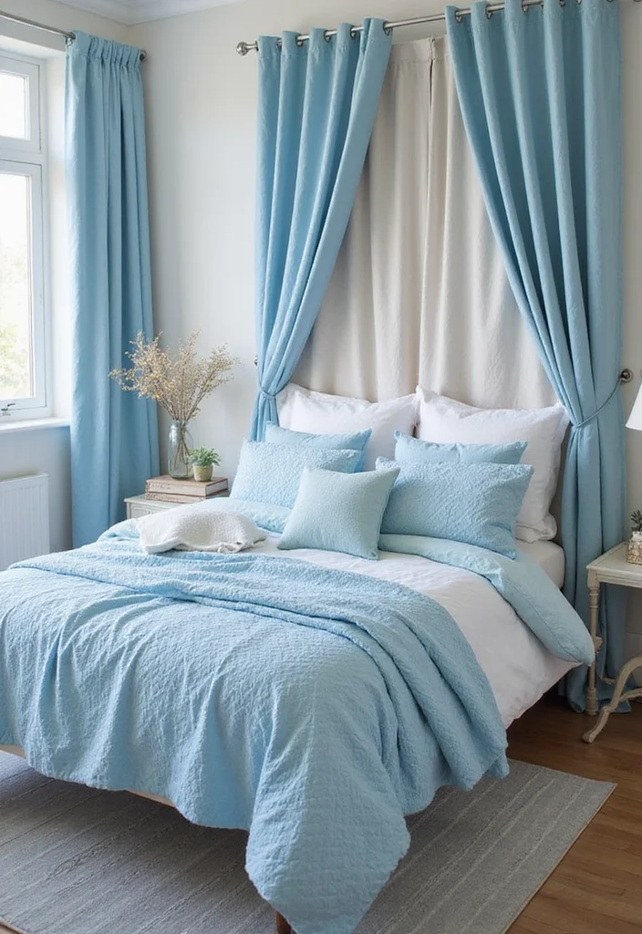 12 Light Blue Bedroom Ideas for Calm Soft Relaxing Style 4. Subtle Patterns Textured Light Blue Fabrics